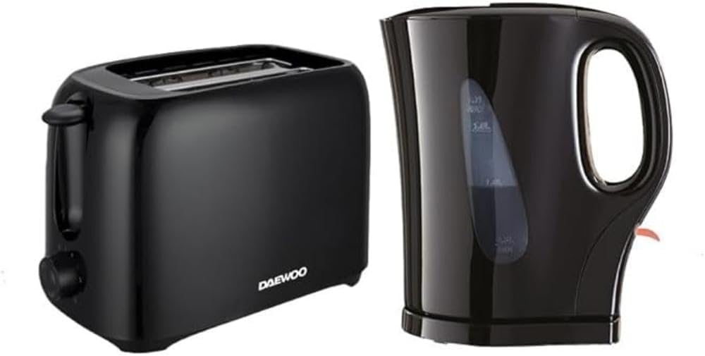 Daewoo Essentials Plastic 1.7 Litre Kettle And 2 Slice Toaster Set Black, Breakfast Combo, Fill Roughly 7 Cups In One Boil, Visible Water Window And Variable Browning Controls, Clean Simple Design
