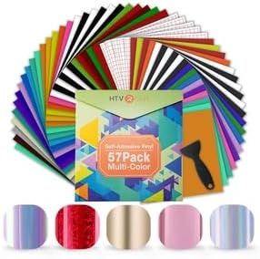 HTVRONT Permanent Vinyl for All Cricut Machine- 57 Pack 12" x 12" Bundle, 52 Adhensive Vinyl Sheets and 5 Transfer Tape Sets for Party Decoration, Stiker