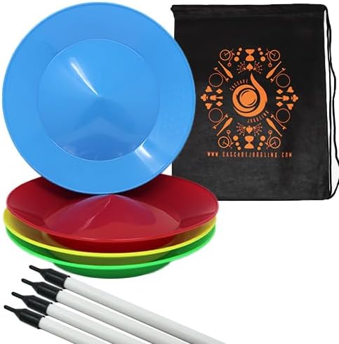 Cascade Juggling Set of 4 Spinning Plates and Sticks - Flexi Kid's Plate Spinning Set - Includes Cascade Carry Bag (Red, Yellow, Blue, Green)