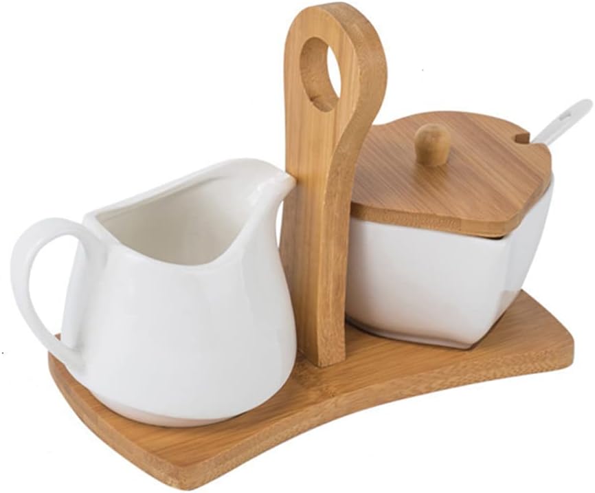 MEETOZ Ceramic Sugar and Creamer Set, 3 Piece Set, Set with Lid Spoon Base，Coffee Serving Set Wedding Gift, White