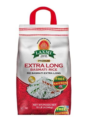 Laxmi Brand, Extra Long Grain Basmati Rice, Free Saffron Included, Made Pure, Made Fresh, Tradition of Quality Since 1972, House of Spices, Product of India (10lb)