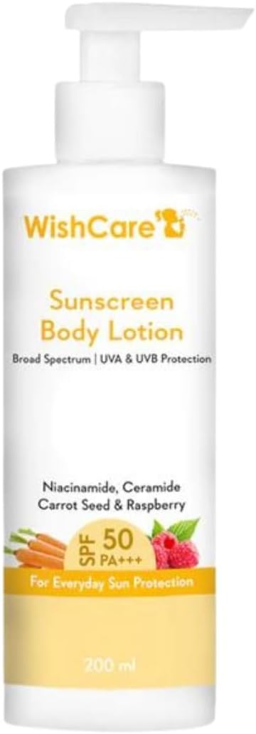 WishCare Sunscreen Body Lotion with SPF 50 PA+++ - Broad Spectrum UVA & UVB Protection, No White Cast, Enriched with Carrot Seed & Raspberry - Body Sunscreen Lotion 200ml