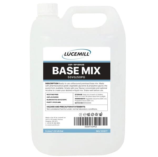 Lucemill 50VG/50PG Premixed Liquid | 5 Litre | High Purity USP/EP Grade | Smooth, Balanced 50/50 Glycerine Glycol Blend for Pharmaceutical & Food Applications