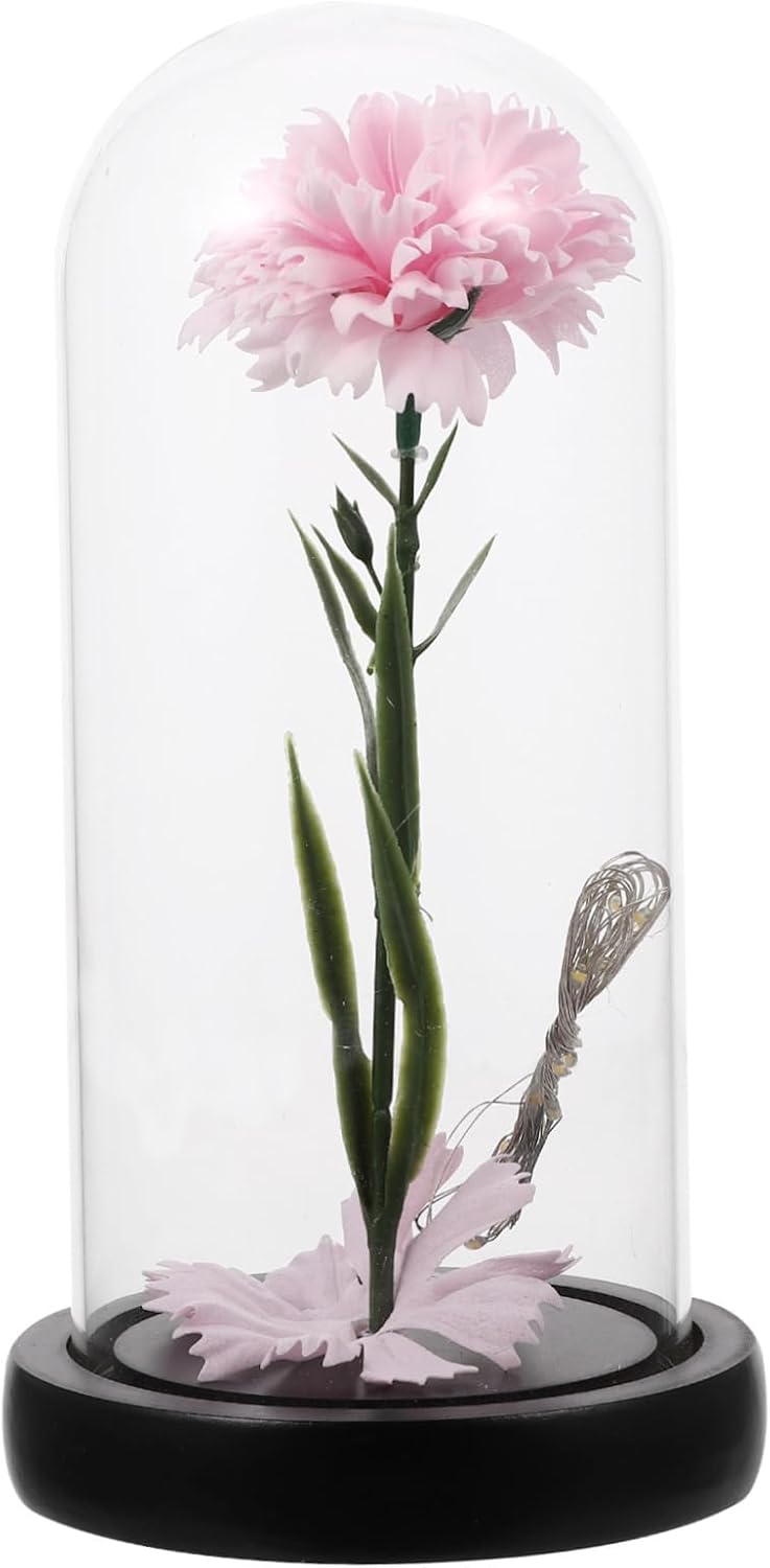 HEATSHAKING 1pc LED Carnation Flower Lamp with Glass Dome Romantic Decorative Light for Mother Day Elegant Table Ornament for Weddings Parties and Home Decor