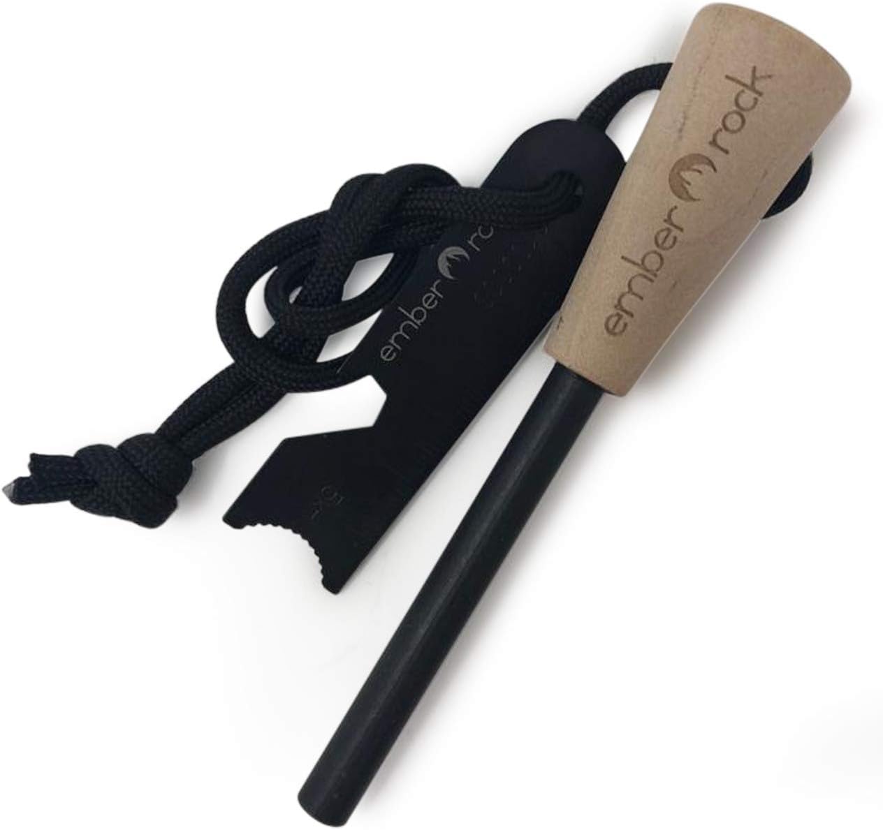 Ember Rock Survival Fire Steel Premium Magnesium Ferrocium Rod Firesteel Includes Flint Striker Multi Tool & Chunky Wooden Handle for Grip Essential Fire Starter Camping Survival Kit