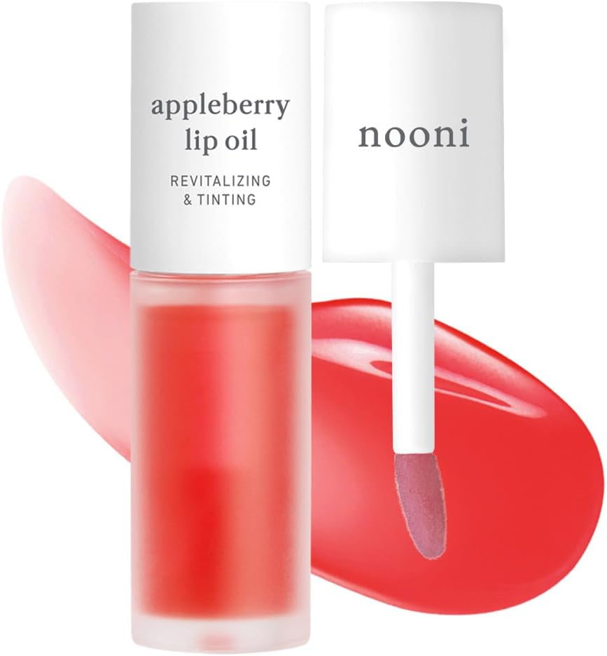 NOONI Korean Vegan Lip Oil - Appleberry | Lip Stain, Long-Lasting, Moisturising, Plumping, Revitalising for Dry Lips, Travel-Friendly, Waterproof, No Peel Off, Hydrating, Nourishing, 0.12 FL