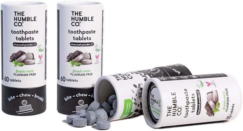 The Humble Co. Charcoal Powder Toothpaste Tablets Fluoride-Free, 3pk - Anticavity, Fluoride Free Toothpaste Dental Tablets with Natural Ingredients, Dentist Developed Formula (Charcoal, 3 Pk)