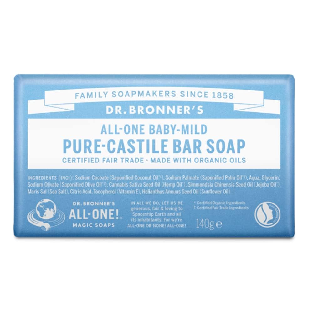 Dr Bronner's 3-in-1 Baby Unscented Pure-Castile Bar Soap, Made with Organic Oils with No Synthetic Fragrances, Used for Face, Body and Hair, Certified Fair Trade & Vegan Friendly, 140g Bar