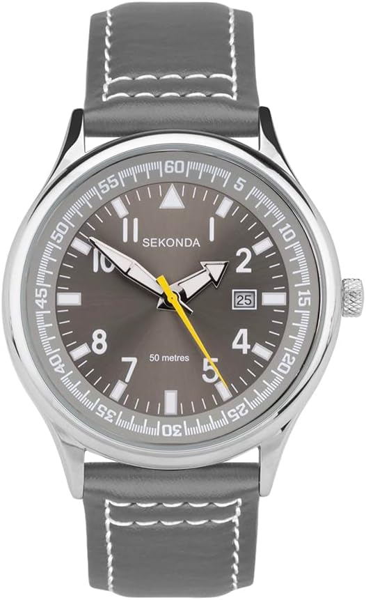 Sekonda Men's 42mm Pilot Style Quartz Watch with Analogue Display Date Window and Leather Strap 50m Water Resistant