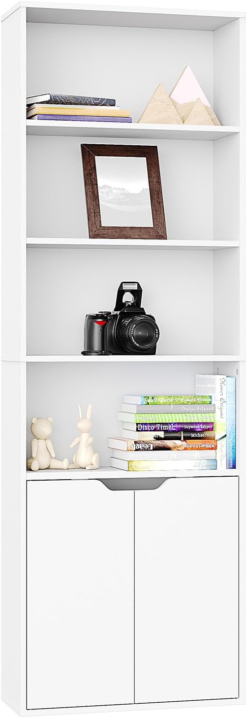 Panana 6 Tier Bookcase with 2 Doors, Wooden Cube Shelves Soild Wood Tall Bookshelf Storage Cupboard Organizer Display Free Standing Unit (White)