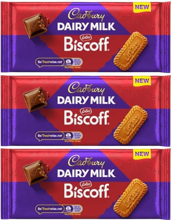 Cadbury Dairy Milk Lotus Biscoff Chocolate Bar 95g (3 Pack) – New Edition – Creamy Milk Chocolate with Crunchy Caramelised Biscuit Pieces – Sustainably Sourced Cocoa – Unique Flavour Combo