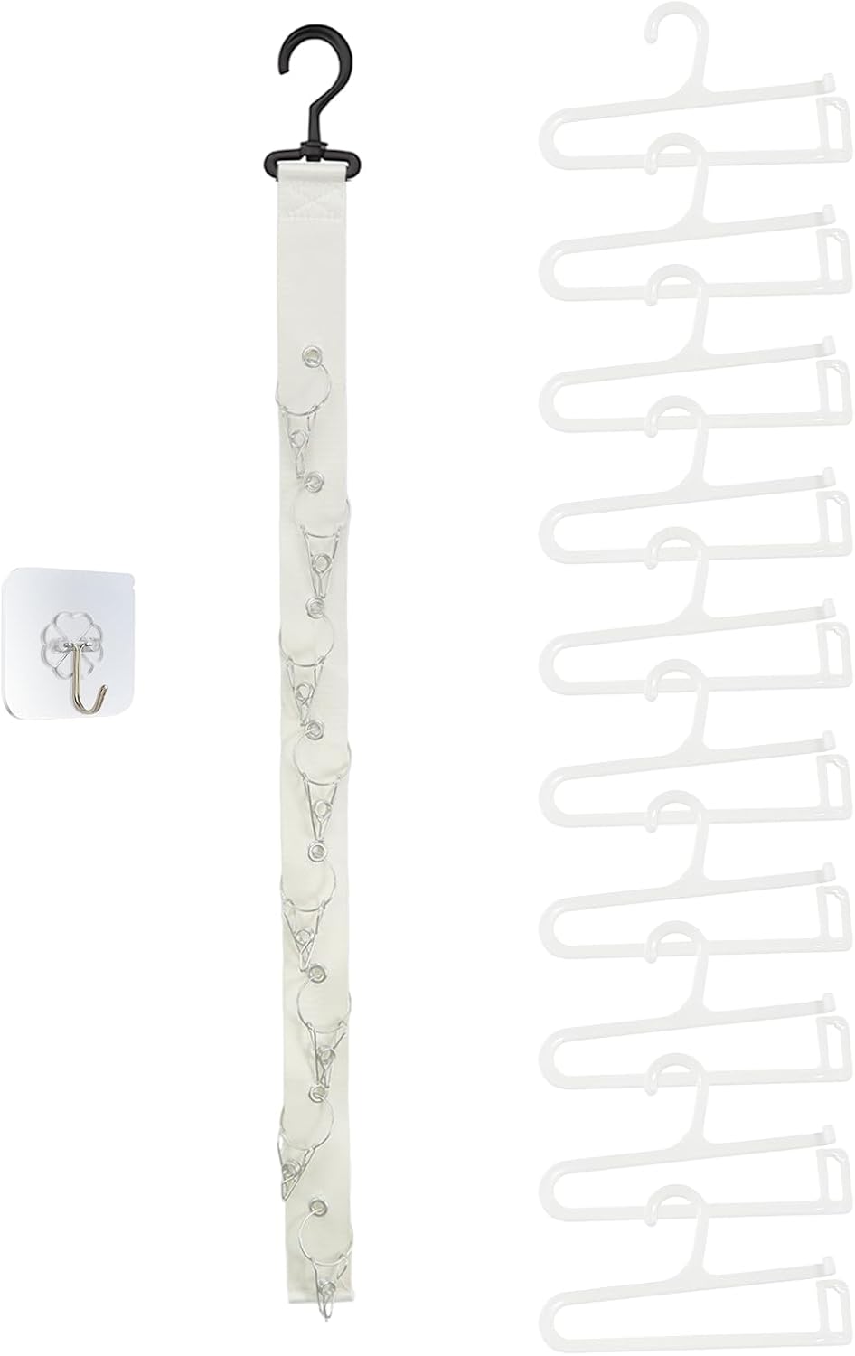 White Strap Plush Toy Storage Chain Suitable for Hanging on Walls and Doors -8 Metal Clips+11 Hooks (10 Standard and 1 Hole Free), Dolls not Included