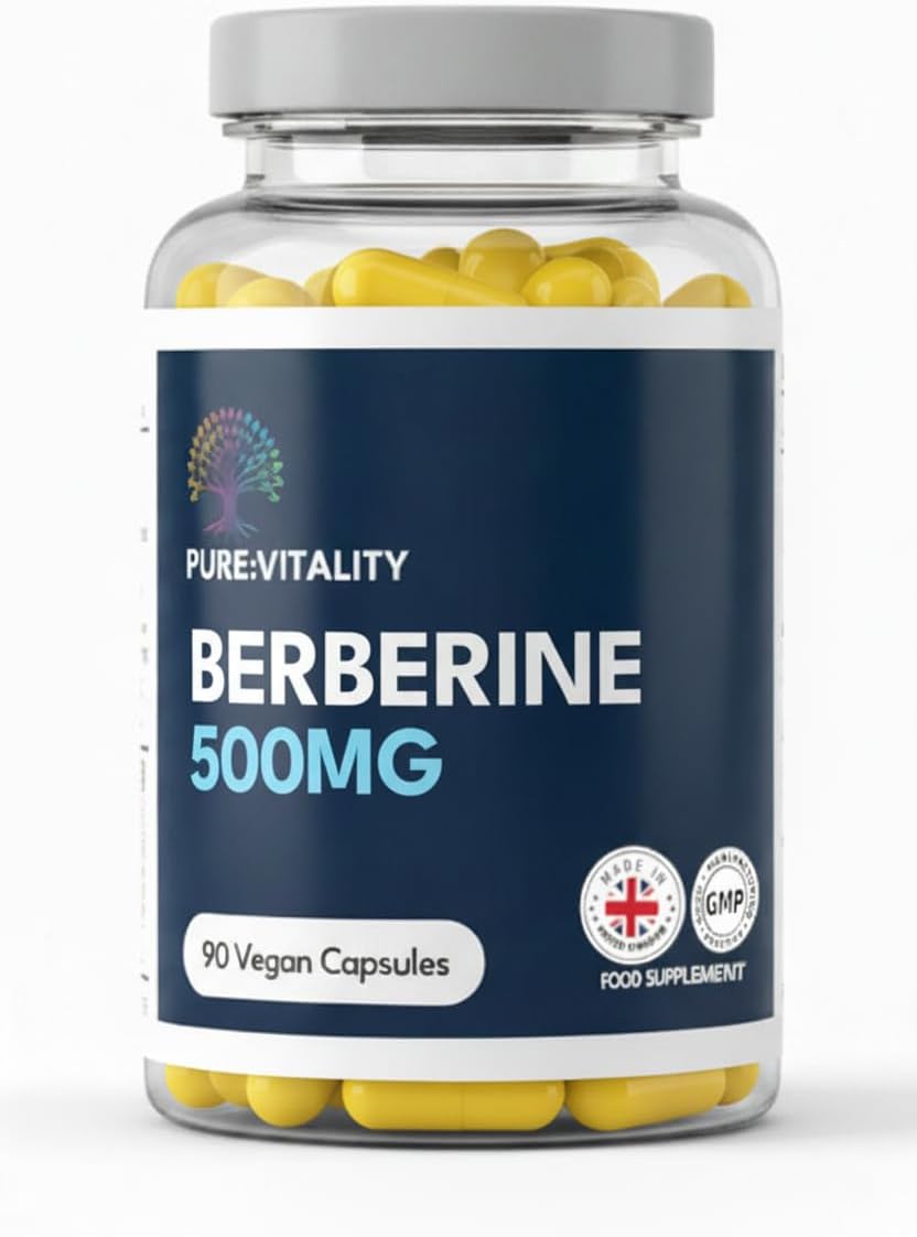Pure Vitality Berberine HCL 500mg – 90 Vegan Capsules – 98% Purity – High Strength Formula – UK GMP Certified Manufacturer