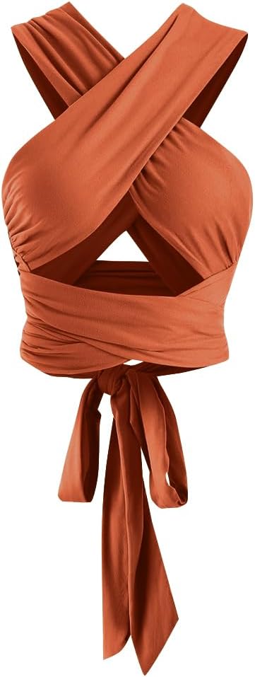 ZAFUL Womens Ribbed Halter Crop Top Ruched Lace-up Cropped Cami Bandana Top Criss Cross Wrap Print Tank Top