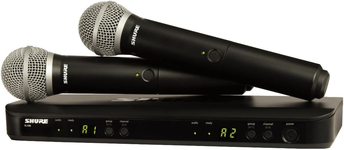 Shure BLX288/PG58 Wireless Microphone System - 14-Hour Battery Life, 300 ft Range, UHF | Includes (2) PG58 Handheld Vocal Mics, Dual Channel Receiver | J11 Band (BLX288/PG58-J11)