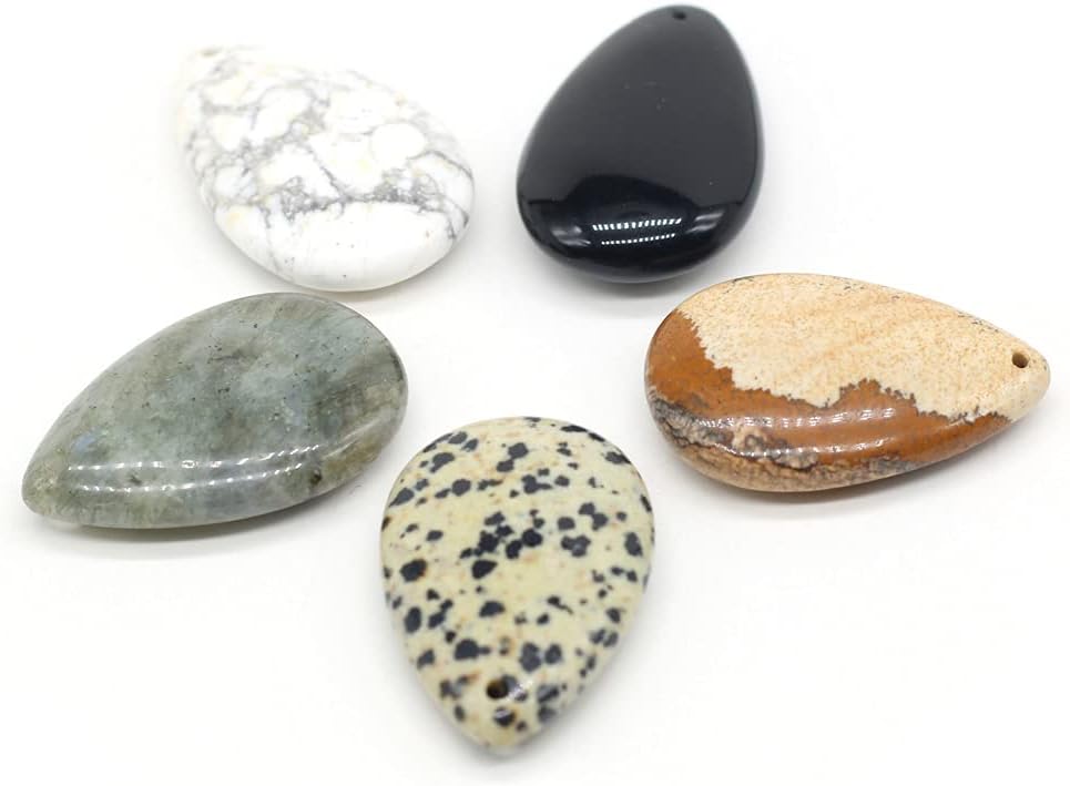 LHJ 5 Pcs natural stone pendants waterdrop shape polished mixed crystal agate stone charms for jewelry making necklace bracelet