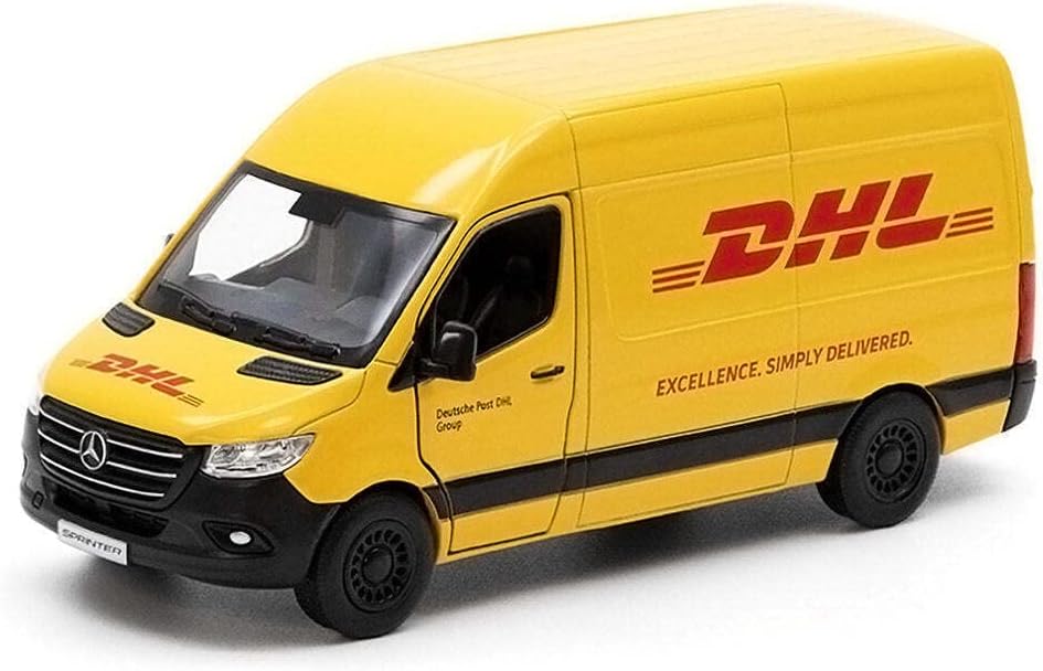 D.A.Y. Republic Official Licensed Mercedes Benz Sprinter Yellow Panel Van - 1:48 Scale, with Open and Close Doors, Metal Die Cast, Pull Back and Go, Action Toy Collectors Model (DHL Van)