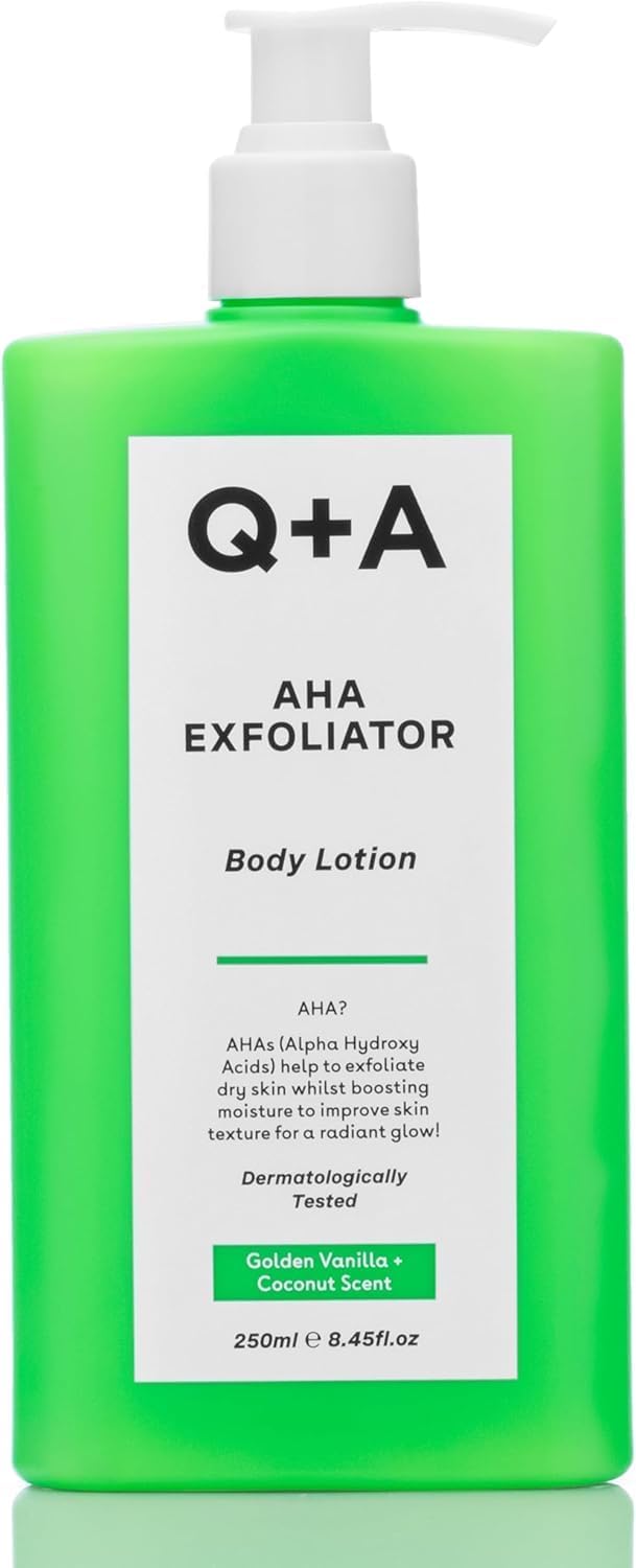 Q+A AHA Exfoliator Body Lotion (250ml), Exfoliating, Smoothing Body Moisturiser with Lactic Acid, Glycolic Acid and Fruit AHAs, Body Butter Alternative, Vegan Body Care
