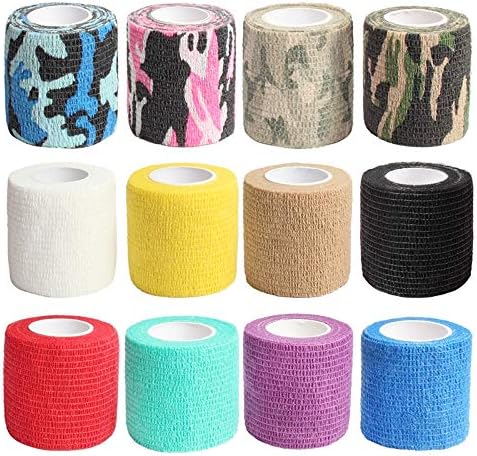 12 Pack Self Adhesive Tape,Cohesive Wrap Bandages, Camouflage Wrap Tape for Hunting, Strong Elastic Stretch Sports Tape for Wrist, Ankle Sprains & Swelling,FDA Approved, 2"x5 Yards(12 Color)