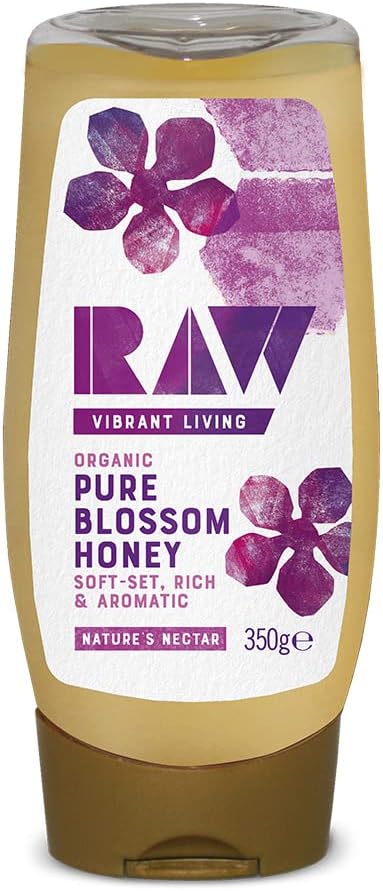 Raw Organics Pure Blossom Cold Pressed Honey 350g - Soft-Set, Runny Honey in Squeezy Bottle - Cold-Extracted & Certified Organic - Raw, Unpasteurized, & Unfiltered - Vegetarian