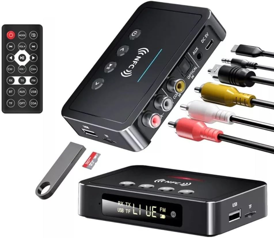 3 in 1 Bluetooth 5.0 NFC Transmitter Receiver FM Stereo Wireless Audio Adapter, 3.5mm AUX/RCA/Coaxial/Optical, for PC TV Tablet Speaker Home Stereo System