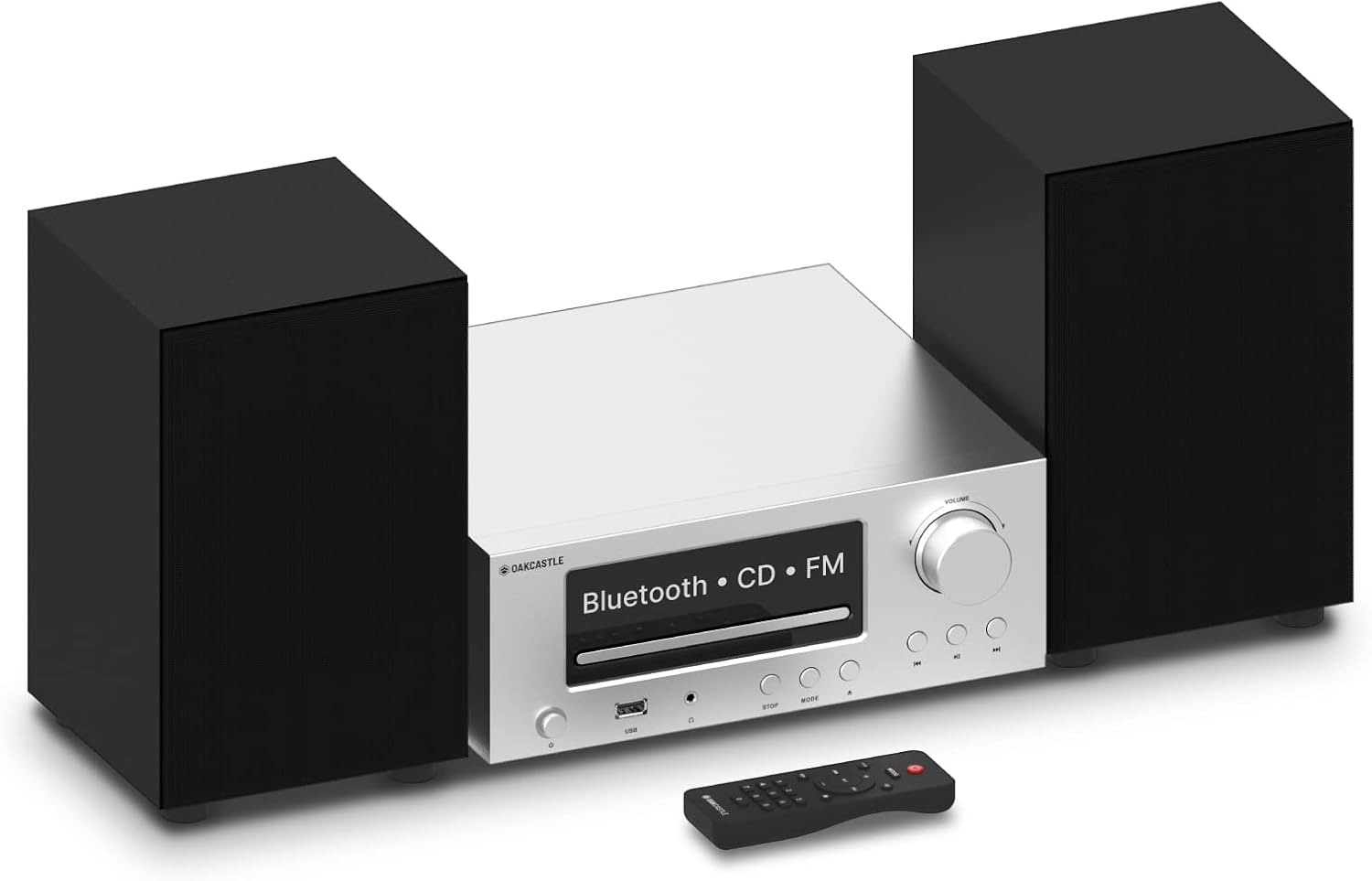 100W Bluetooth Stereo Shelf System, CD Player, FM Radio, Backlit LCD Display, USB, AUX, Compact Bookshelf Hi-Fi System for Home Entertainment | Oakcastle HiFi300