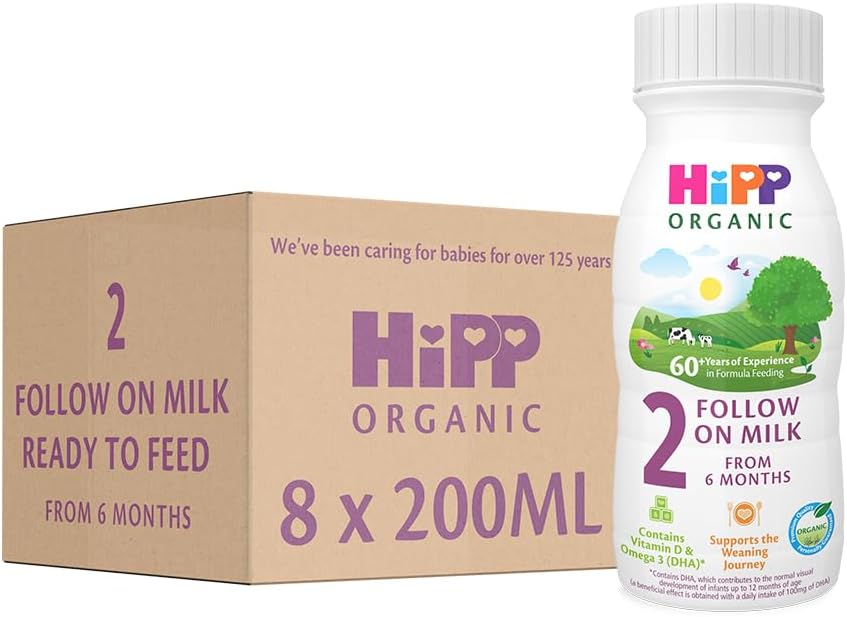 HiPP Organic 2 Follow on Baby Milk Ready to feed liquid formula, From 6 months 200ml (Pack of 8)