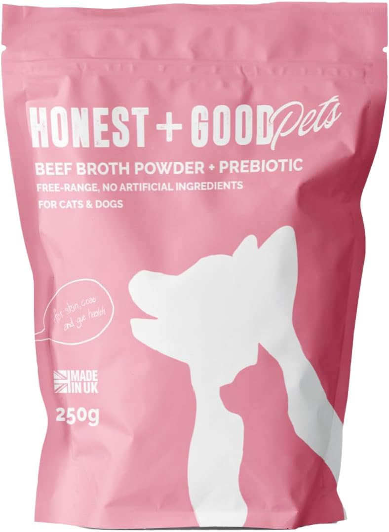 Honest + Good Pet Beef Bone Broth & Pre-Biotic - 250 g | 50 Servings | Supports Hips, Joints, Digestion, Hydration & Gut Health for Dogs & Cats | High in Type II Collagen, Electrolytes & Fibre