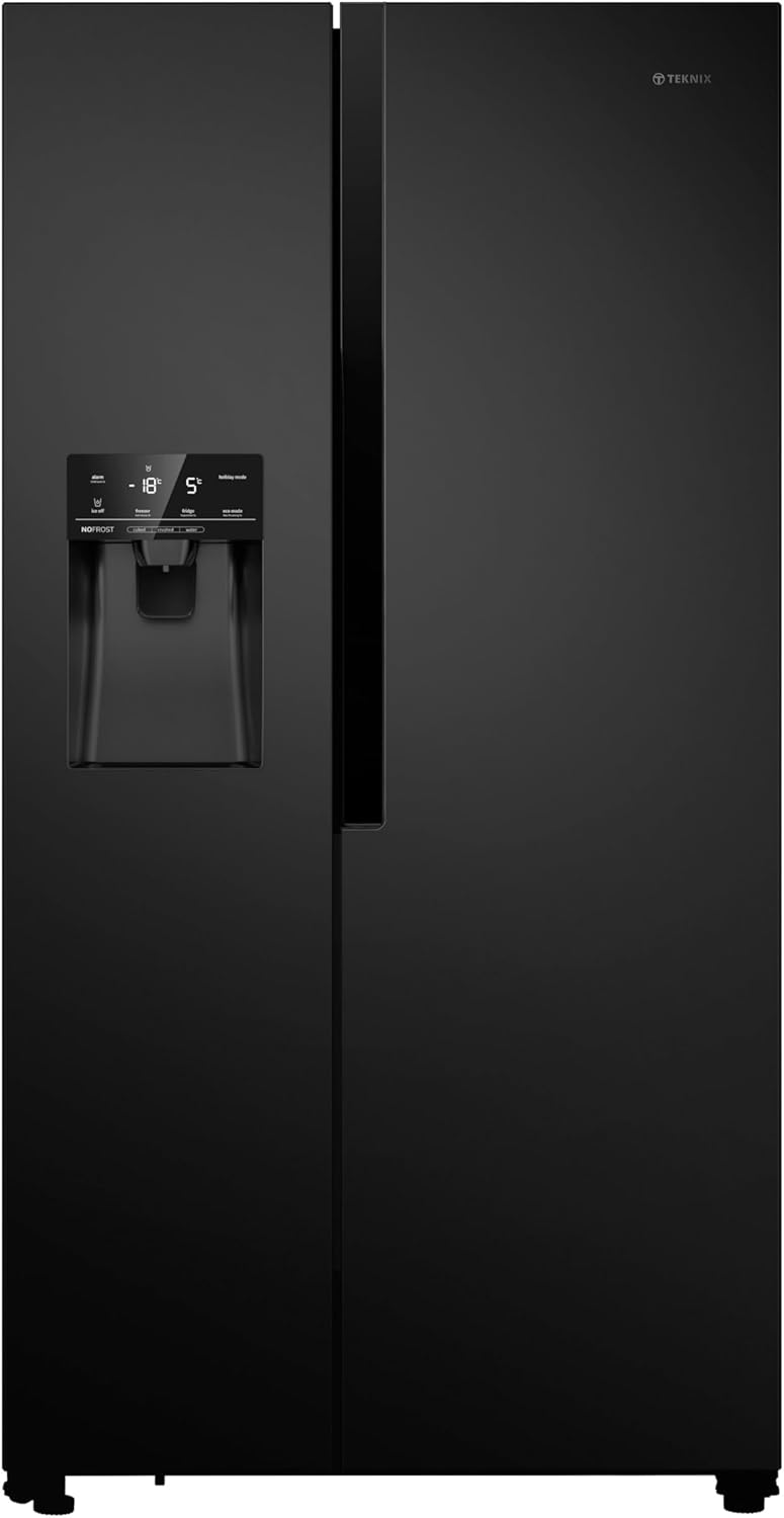 Teknix THSBS1791INBIX Freestanding American Side by Side Door Fridge Freezer - 562L Capacity - Non-Plumbed Ice and Water Dispenser - Frost Free - Black Stainless Steel, H178.7 x W91.0 x D69.0 (cm)