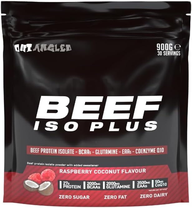 Beef Iso Plus, Beef Protein Isolate Powder, High Protein, No Fat and No Sugar | Raspberry Coconut Flavour 900g 30 Servings | Halal, Paleo and Keto Friendly, Dairy Free, Gluten Free