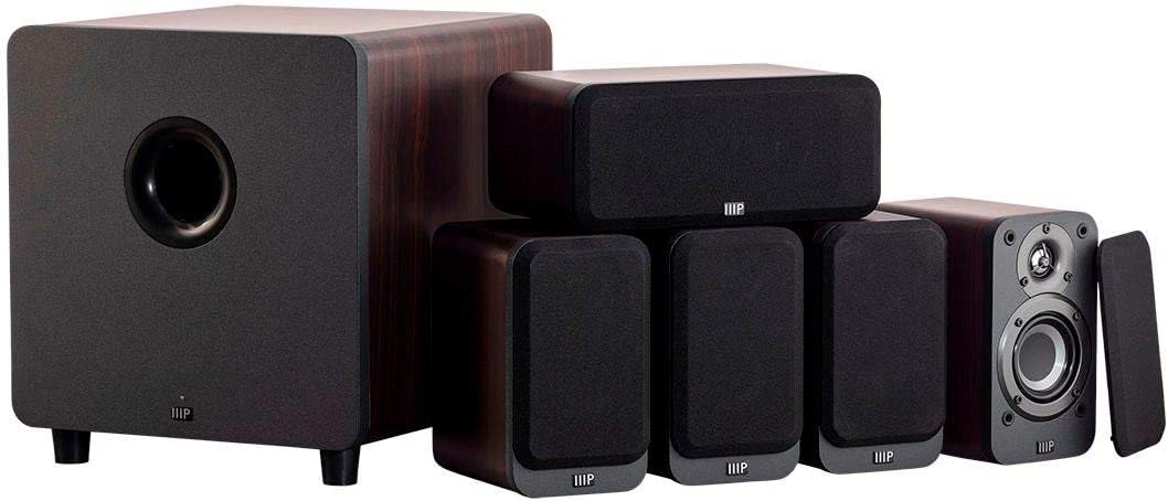 Monoprice HT-35 Premium 5.1-Channel Home Theater System - Espresso, with Powered Subwoofer, Low Profile Speaker Grilles, Secure Mounting Option, SaddleBrown (139358)