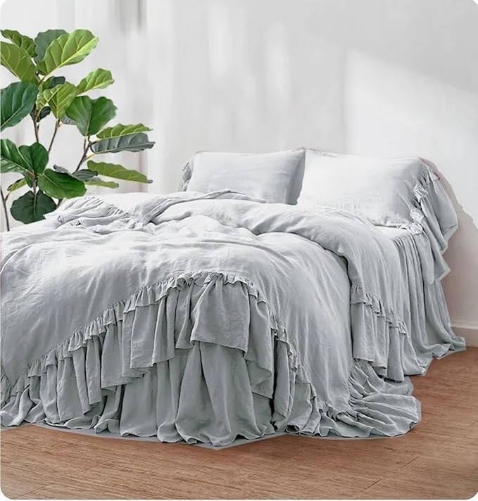 Linen Double Ruffle Duvet Cover Set, French Linen Bedding Set Shabby Chic Ruffled Duvet Cover with Extra Long Ruffles, Queen King Cal King 3 PCS Set (Pigeon Grey, US King)
