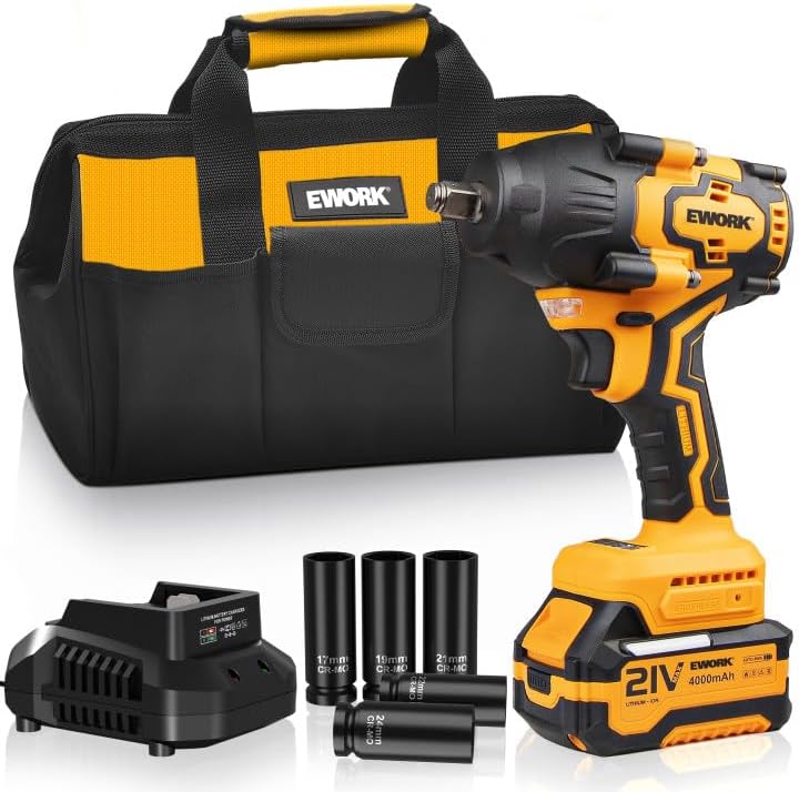 EWORK 21V Brushless Cordless Impact Wrench 1/2 Inch - 775 Ft-lbs High Torque, 4.0Ah Battery & Fast Charger, Compact Power Tool for Automotive, Truck, SUV Heavy-Duty Jobs