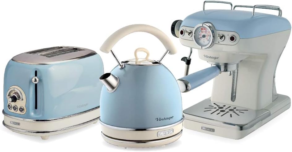 Ariete ARPK18 Retro Style Dome Kettle, 2 Slice Toaster and Espresso Machine Set, Vintage Design, Blue