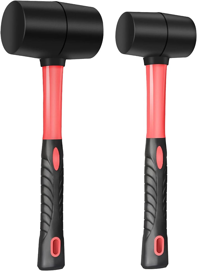 Fiberglass Handle Rubber Mallet Hammer Set, 8 OZ and 16 OZ, Soft Blow Tasks without Damage, Black with Red, 2 Packs
