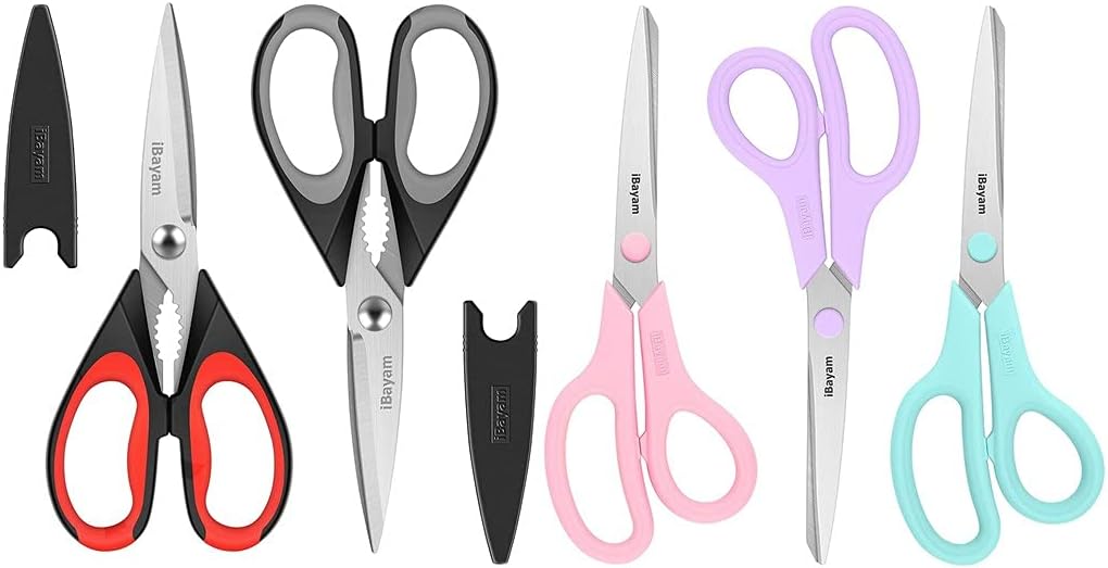 iBayam 2-Pack Kitchen Scissors black red, black grey & 8" Multipurpose Scissors Bulk 3-Pack, Pastel Pink, Soft Purple, Macaron Blue Bulk