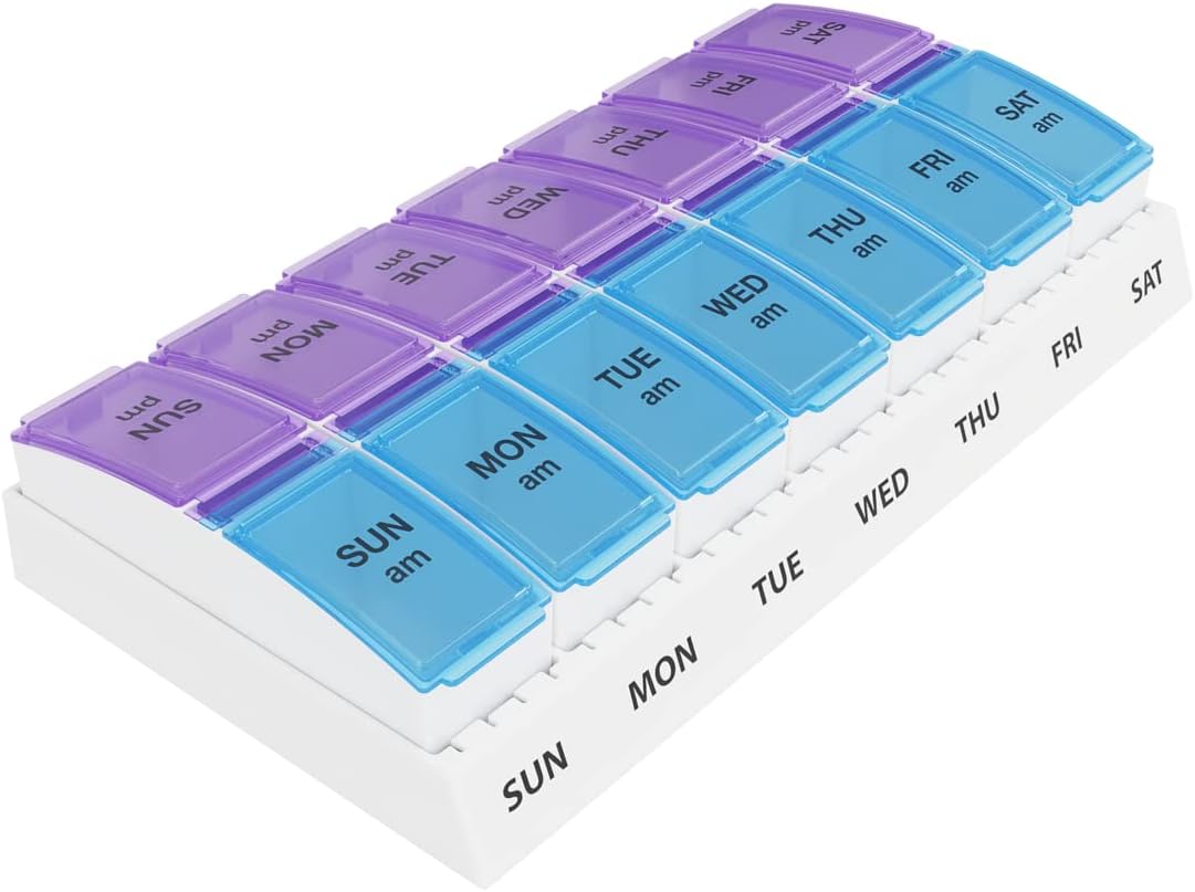 EZY DOSE Weekly (7-Day) AM/PM Pill Case, Medicine Planner, Vitamin Organizer Box, Small Pop-out Compartments, 2 Times a Day, Blue and Purple Lids, BPA Free