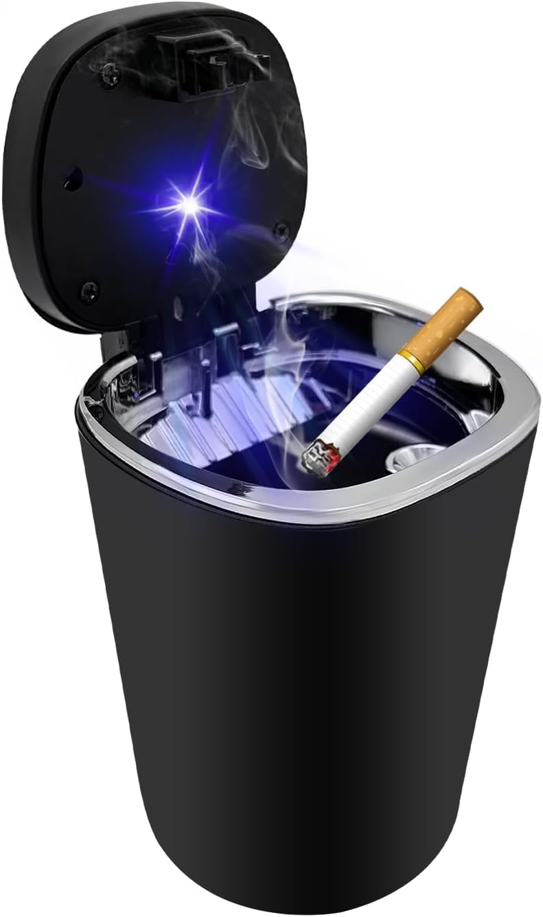 Car Ashtray with Lid, Smell Proof Detachable Ash Tray with LED Blue Light, Portable Mini Trash Can for car Cup Holder, Waterproof Stainless Steel Ashtray for Car Home Office