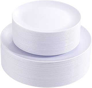 PULOTE 100PCS White Plastic Plates-Premium Quality Heavyweight White Disposable Plates including 50 White Dinner Plates, 50 White Dessert/Salad Plates,for Wedding&Party