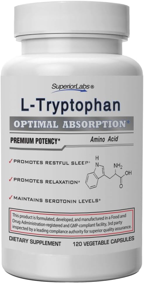 Superior Labs L-Tryptophan 500 mg Capsules, Pure Non-GMO Amino Acid, High Absorption, Supports Sleep and Mood, Helps with Occasional Stress, PMS Support, 120 Veg Caps