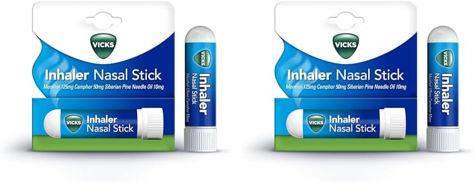 Vicks Inhaler for Cold and Cough, Fast Relief from A Stuffy Nose, Decongestant for Blocked Nose, with Menthol, Camphor & Pine Needle Oil, for Adults & Children Over 6 Years (Pack of 2)
