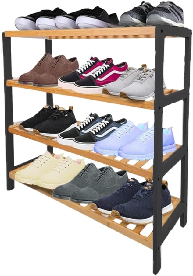 1ABOVE Bamboo Shoe Rack, Plant Rack, Perfect for Corridor, Living Room, Bathroom, Bedroom, Hallway or Small spaces- Natural & Black (4 TIER)