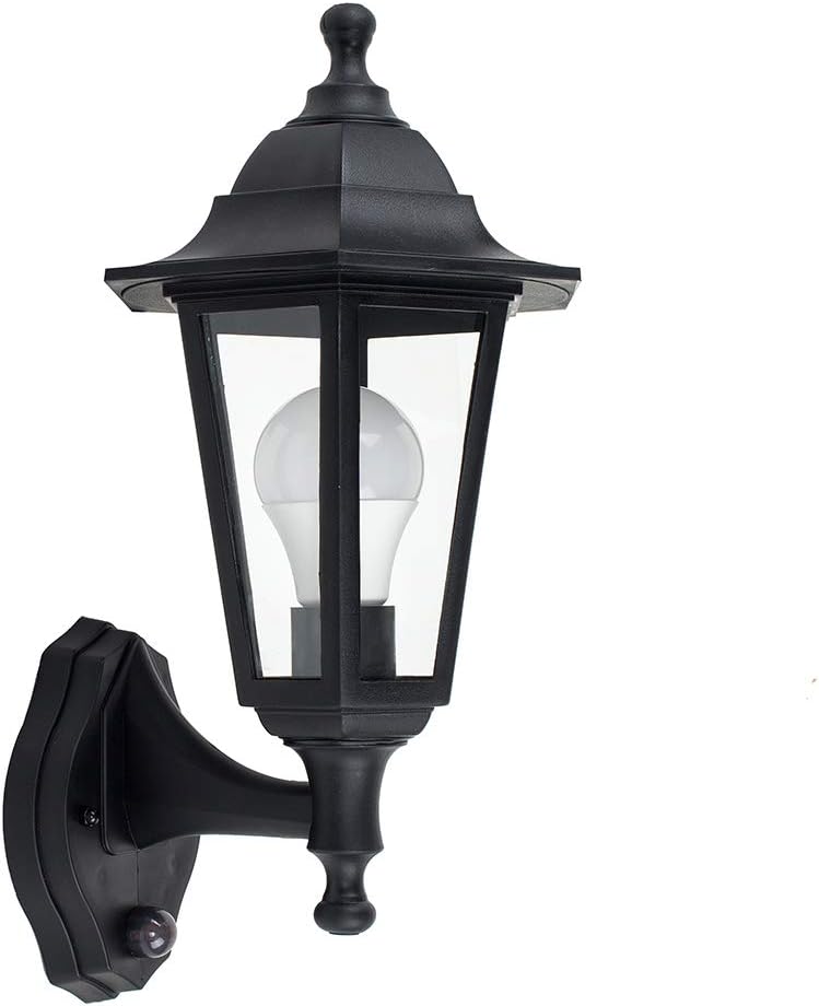 MiniSun | Traditional Style Black Security PIR Motion Sensor Wall Lanterns | Outdoor Wall Lights, Home Décor Essential | Set of 2 | Includes 10W LED GLS Bulbs [3000K Warm White] | Mains Wired