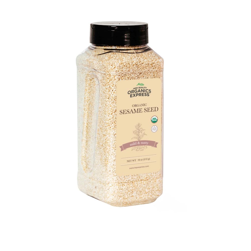 HQOExpress | Organic White Sesame Seed | Raw Sesame Seeds for Cooking and Food Seasoning - Semillas de Ajonjoli - Non-GMO, Vegan & Certified Kosher - 20 oz. Chef Jar