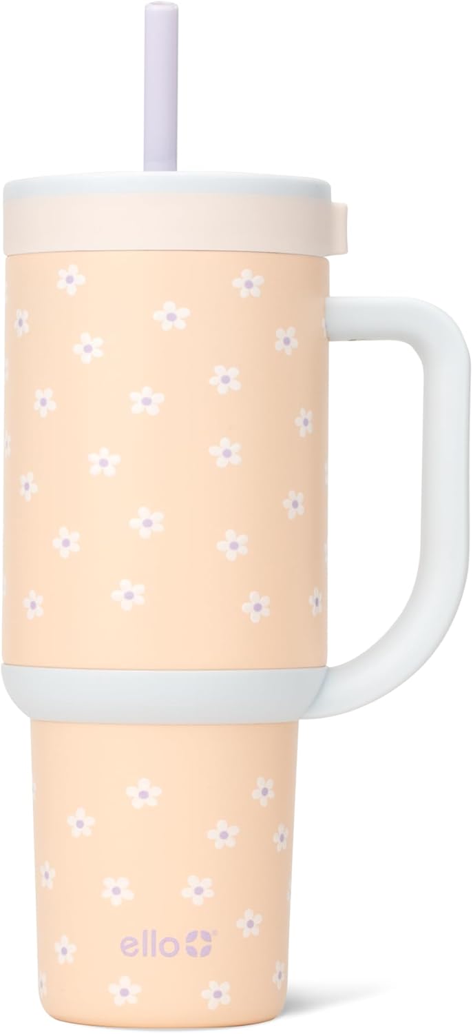 Ello Oasis 30 oz Tumbler with Handle & Retracting Straw | Reusable Insulated Stainless Steel Cup 100% Leakproof, Gifts for Teens Women Men | Keeps cold for 20 Hours, Cup Holder Friendly, Daisies