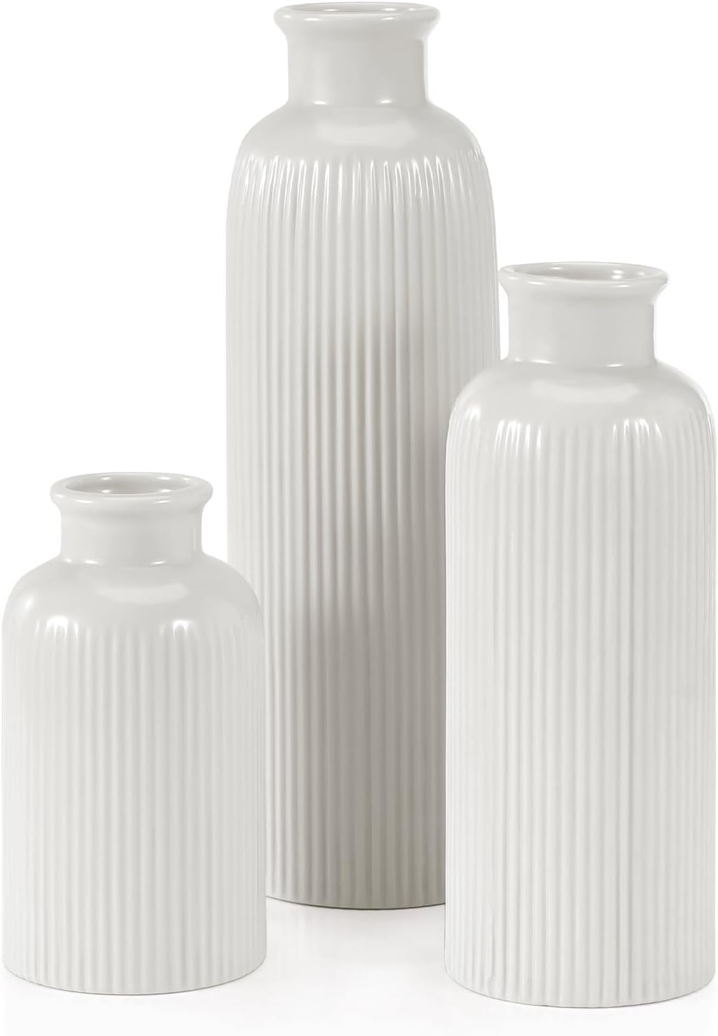 White Ceramic Vase Set of 3, Boho Modern White Flower Vase Room Decor, Farmhouse Decor, Vases for Your Kitchen, Bathroom, Bedroom, Living Room, Office&Shelf Centerpiece Table Decorations