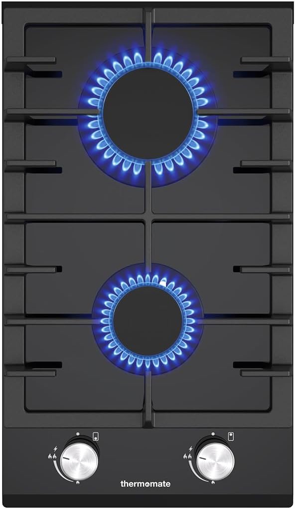 ThermoMate GHBG302 30cm 2 Burners Gas Hob, Black Glass Gas Cooktop with Flame Failure Protection, Propane Domino Hob with Cast Iron Supports, NG/LPG Convertible, 4200W