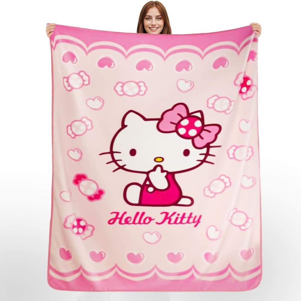 LKNBIF Hellokiitty Blanket, Hellokiitty Throw Blanket Soft Cover Flannel Cozy Plush Fleece Blanket Cartoon Anime Throw Blanket Sofa Throw Warm Versatile Fleece Blanket for Kids and Adults, 100 x 140cm