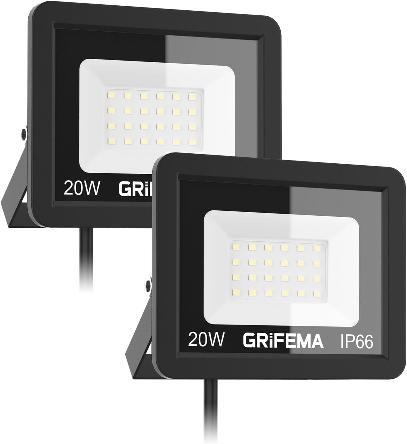 GRIFEMA 20W LED Floodlight Outdoor, 2200LM, 6500K Cool White, IP66 Waterproof, Adjustable 180° Bracket, Security Lighting for Garden, Garage, Yard, Pack of 2, No Plug​