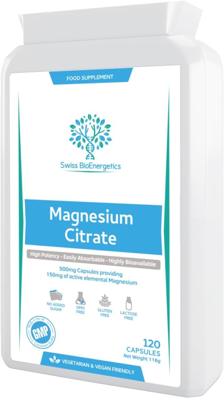 Magnesium Citrate 500mg 120 Capsules - Providing 150mg of Active Elemental Magnesium - High Potency - Easily Absorbable - Highly Bioavailable - UK Manufactured